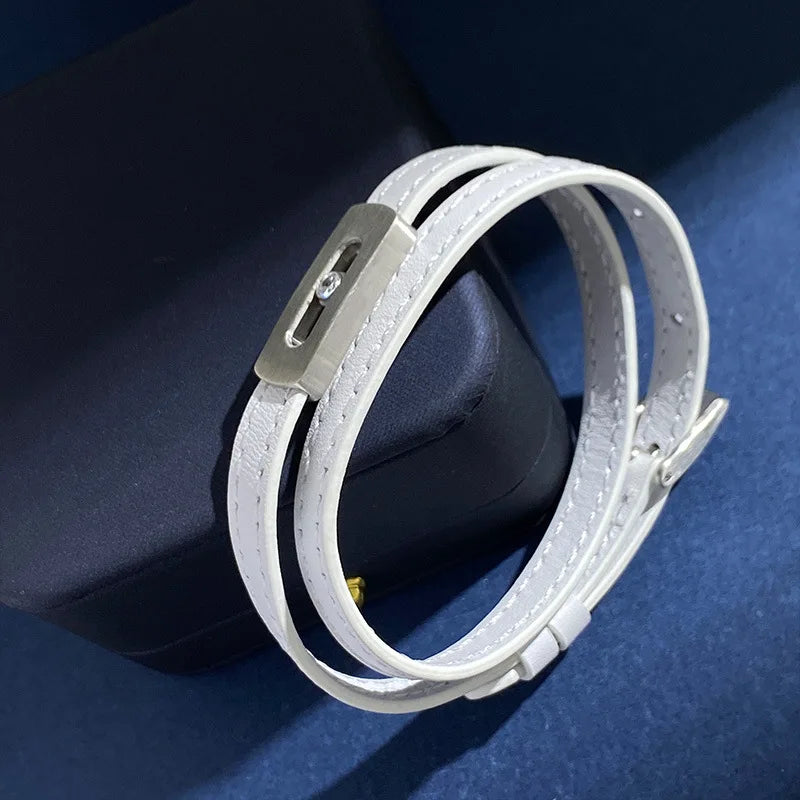 Stainless Steel Slide Stone Multicolor Leather Charm Bracelet