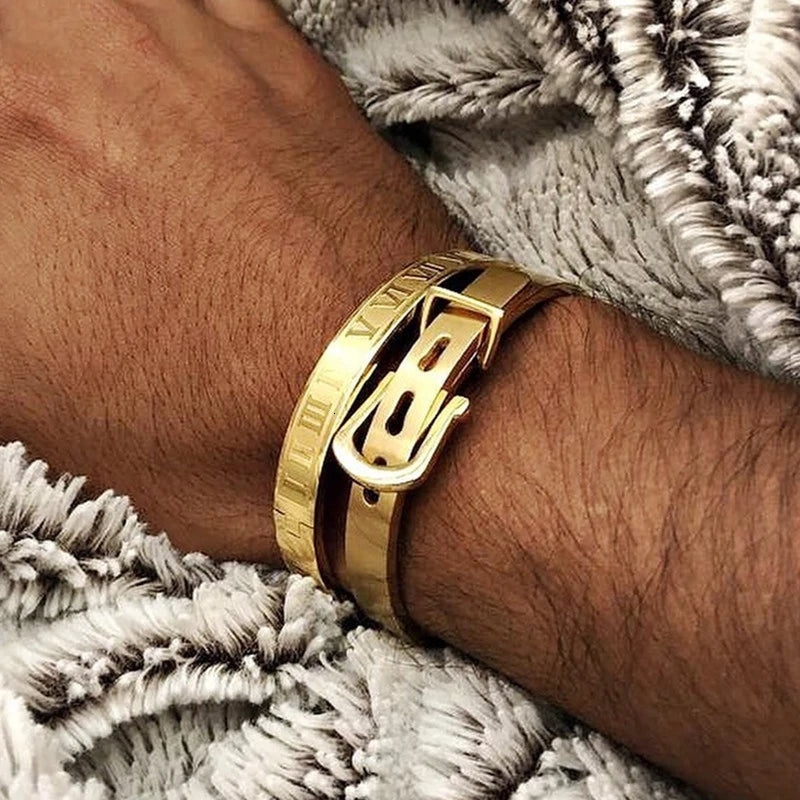 Men's Stainless Steel Roman Numeral Bangle Cuff Bracelet