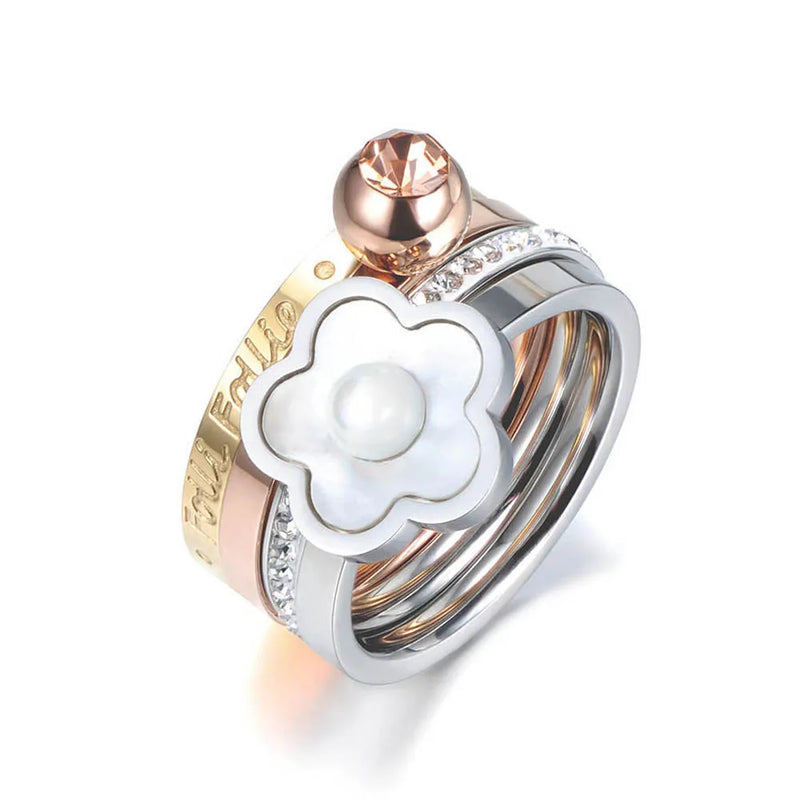 Stainless Steel Plum Blossom CZ Bridal Wedding Ring