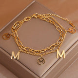 Stainless Steel Letter M Bracelet for Women Double Layer Charm Chain