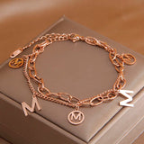 Stainless Steel Letter M Bracelet for Women Double Layer Charm Chain