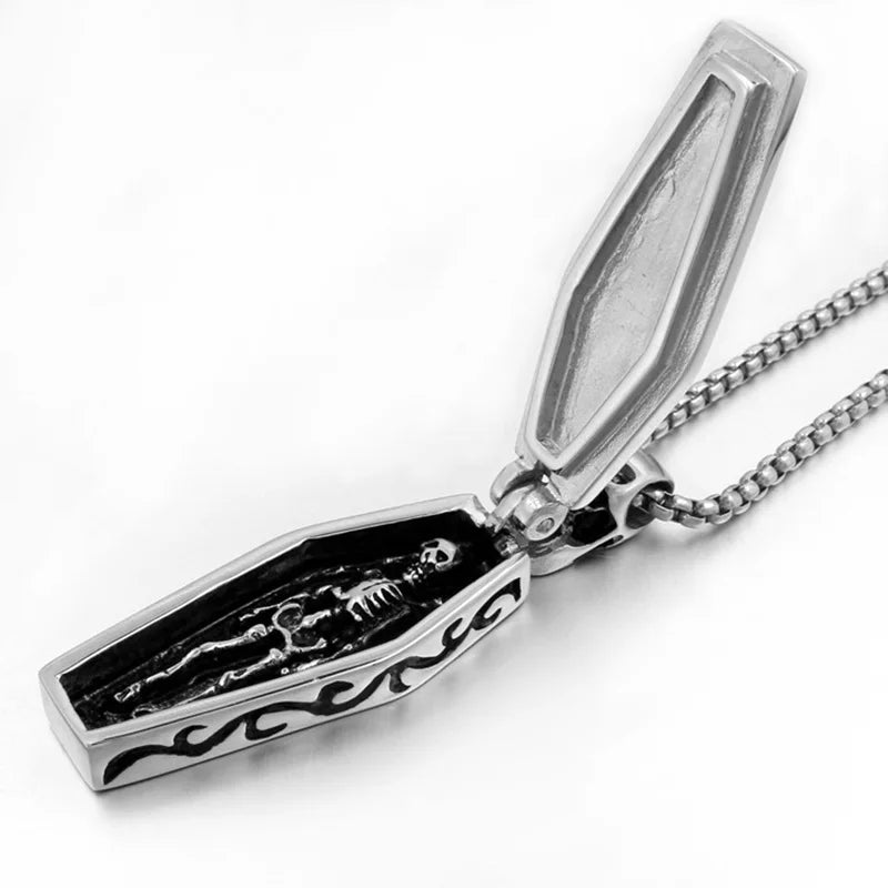Stainless Steel Punk Cross Coffin Skull Pendant Necklace