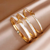 Stainless Steel Shell Letter V Charm Bracelet for Women Crystal Roman Bracelets