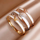 Stainless Steel Shell Letter V Charm Bracelet for Women Crystal Roman Bracelets