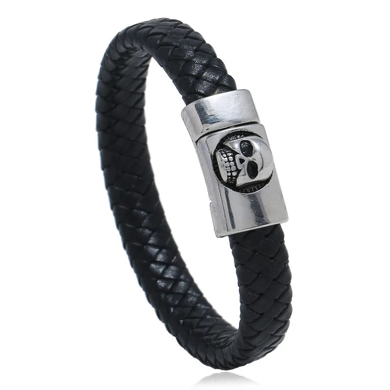 Classic Stainless Steel Skull Clasp Leather Men Bracelets 20.5cm 22.5cm