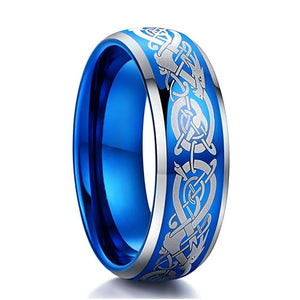 Men's Dragon Pattern Stainless Steel Wedding Ring with Red Carbon Fiber Inlay