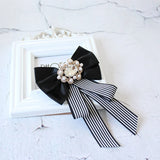Striped Canvas Print Bow Pearl Brooch Bow Tie Women's Shirt Jewelry