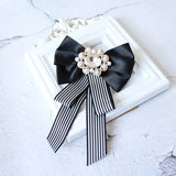 Striped Canvas Print Bow Pearl Brooch Bow Tie Women's Shirt Jewelry