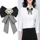 Striped Canvas Print Bow Pearl Brooch Bow Tie Women's Shirt Jewelry