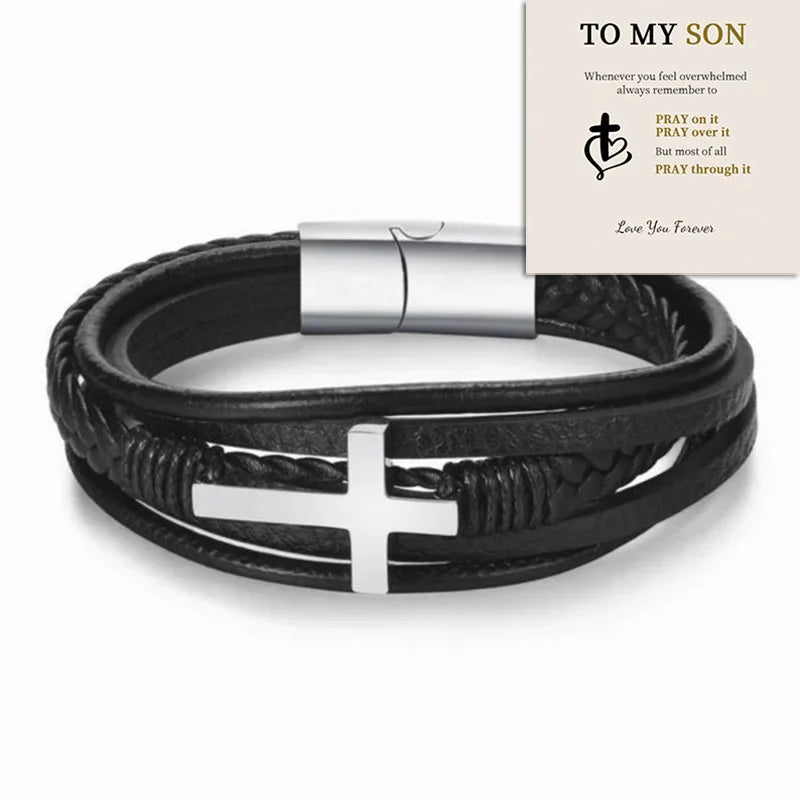 Classic Style Cross Men Bracelet Multi-Layer Stainless Steel Leather Bangles