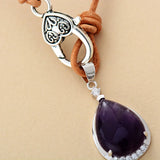 Teardrop Pendant Necklace Amethysts Leather Choker Unique Jewelry
