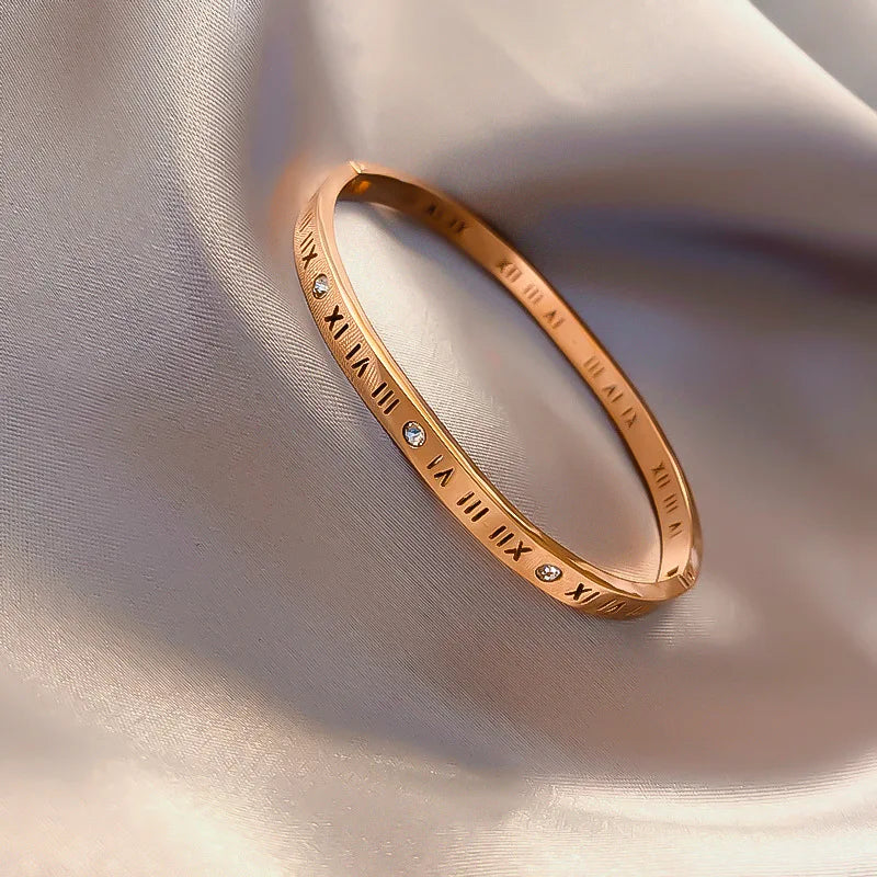 Classic Titanium Steel Roman Numerals Bangle For Women Hollow Number