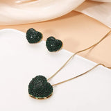 Green CZ Heart Pendant Necklace Earring Set Women Gift
