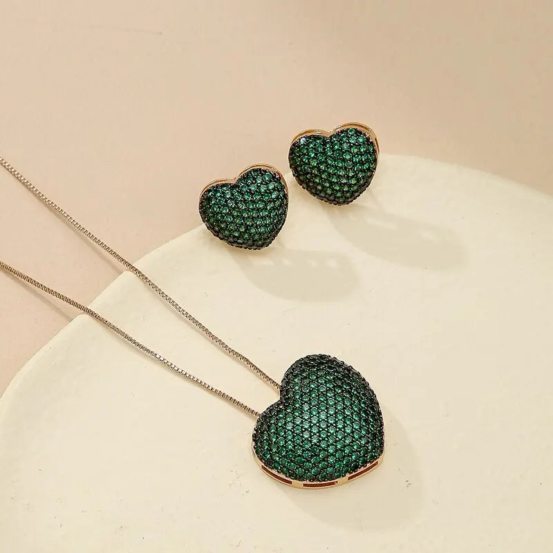 Green CZ Heart Pendant Necklace Earring Set Women Gift