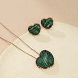 Green CZ Heart Pendant Necklace Earring Set Women Gift