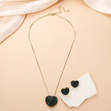 Green CZ Heart Pendant Necklace Earring Set Women Gift