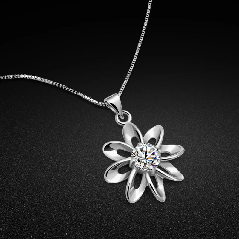 Tricolor Zirconia Flower Pendant Necklace-925 Silver