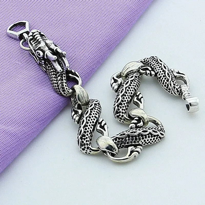 925 Silver Chinese Dragon Chain Bracelet Men's Jewelry