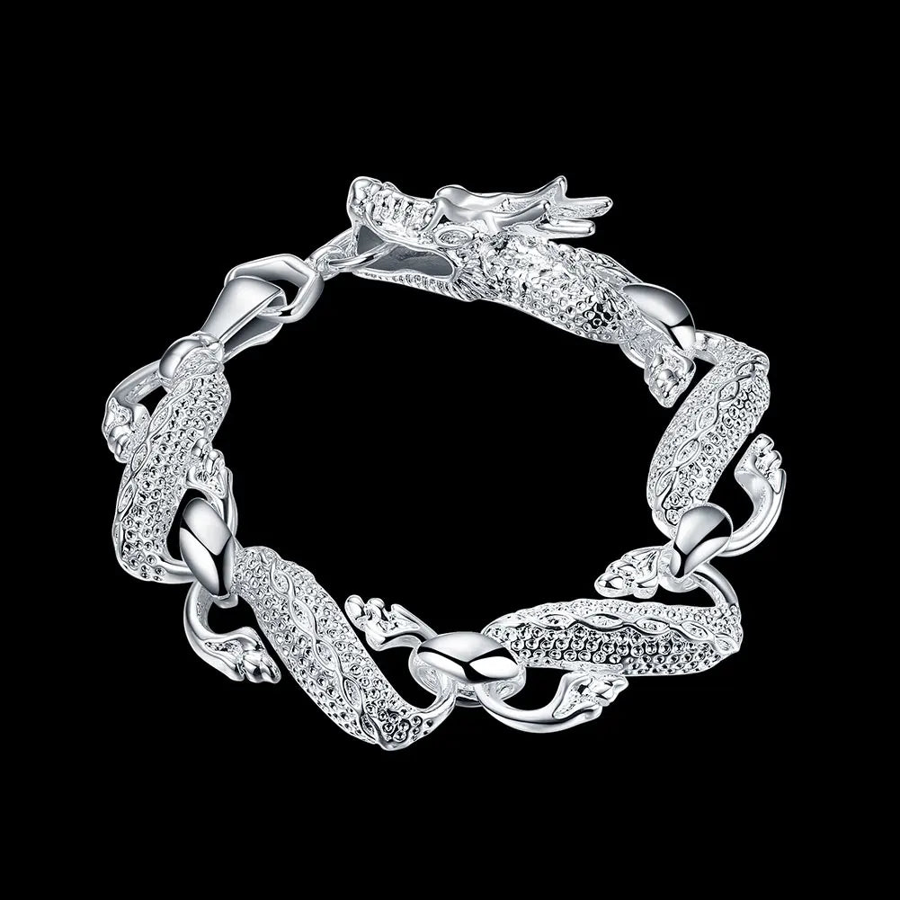 Vintage 925 Silver Chinese Dragon Chain Bracelet Men's Jewelry