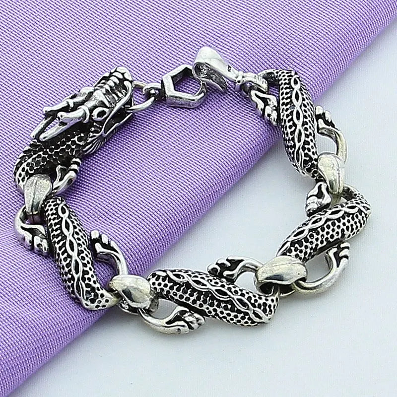 925 Silver Chinese Dragon Chain Bracelet Men's Jewelry