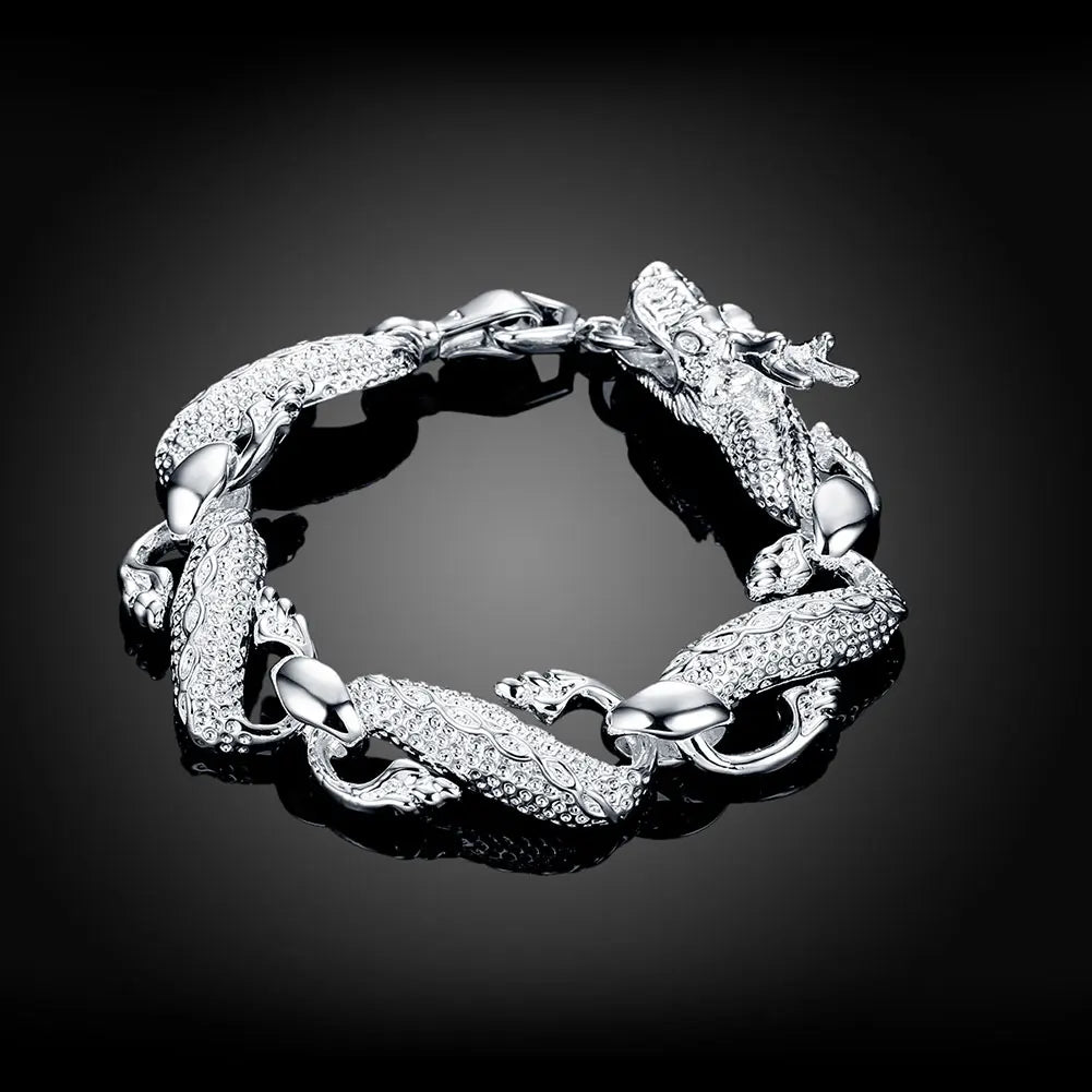 Vintage 925 Silver Chinese Dragon Chain Bracelet Men's Jewelry