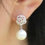 Classic Hollow Rose Simulated Pearl Ear Drop Earrings