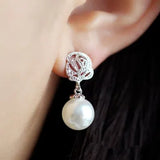 Classic Hollow Rose Simulated Pearl Ear Drop Earrings