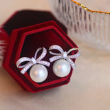Classic CZ Bowknot Stud Earrings Sweet Pearl Earrings