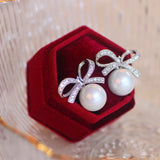 Classic CZ Bowknot Stud Earrings Sweet Pearl Earrings