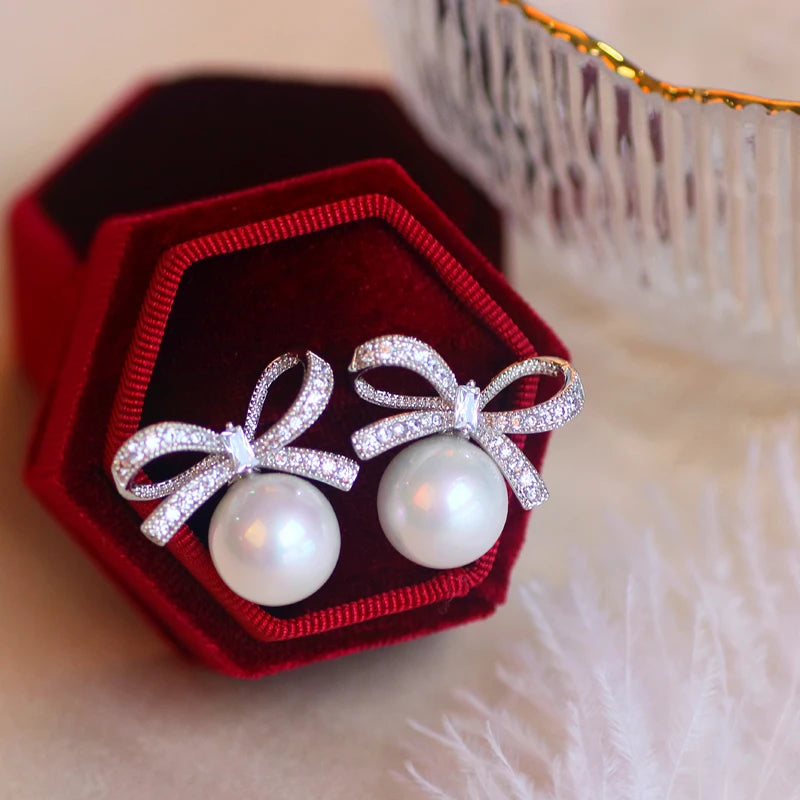 Classic CZ Bowknot Stud Earrings Sweet Pearl Earrings