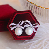 Classic CZ Bowknot Stud Earrings Sweet Pearl Earrings