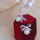 Classic CZ Bowknot Stud Earrings Sweet Pearl Earrings