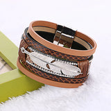Women Bracelet: Leather Metal Feather Charm Pattern Wrap Rope Bracelet