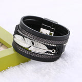 Women Bracelet: Leather Metal Feather Charm Pattern Wrap Rope Bracelet