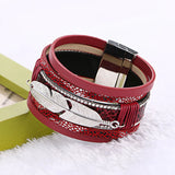 Women Bracelet: Leather Metal Feather Charm Pattern Wrap Rope Bracelet