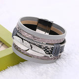 Women Bracelet: Leather Metal Feather Charm Pattern Wrap Rope Bracelet