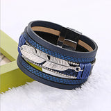 Women Bracelet: Leather Metal Feather Charm Pattern Wrap Rope Bracelet
