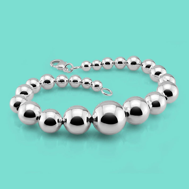 925 Sterling Silver Charm Bracelet Glossy Large Bead Chain