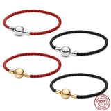 925 Sterling Silver Leather Bracelet with Round Buckle for Charm Beads DIY
