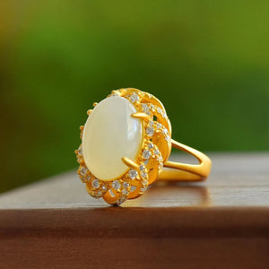 Hotan Jade Crystal Flower Engagement Ring