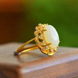 Hotan Jade Crystal Flower Engagement Ring