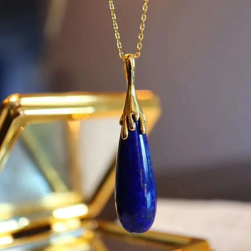 Lapis Lazuli Water Drop Pendant Necklace Silver Jewelry Women