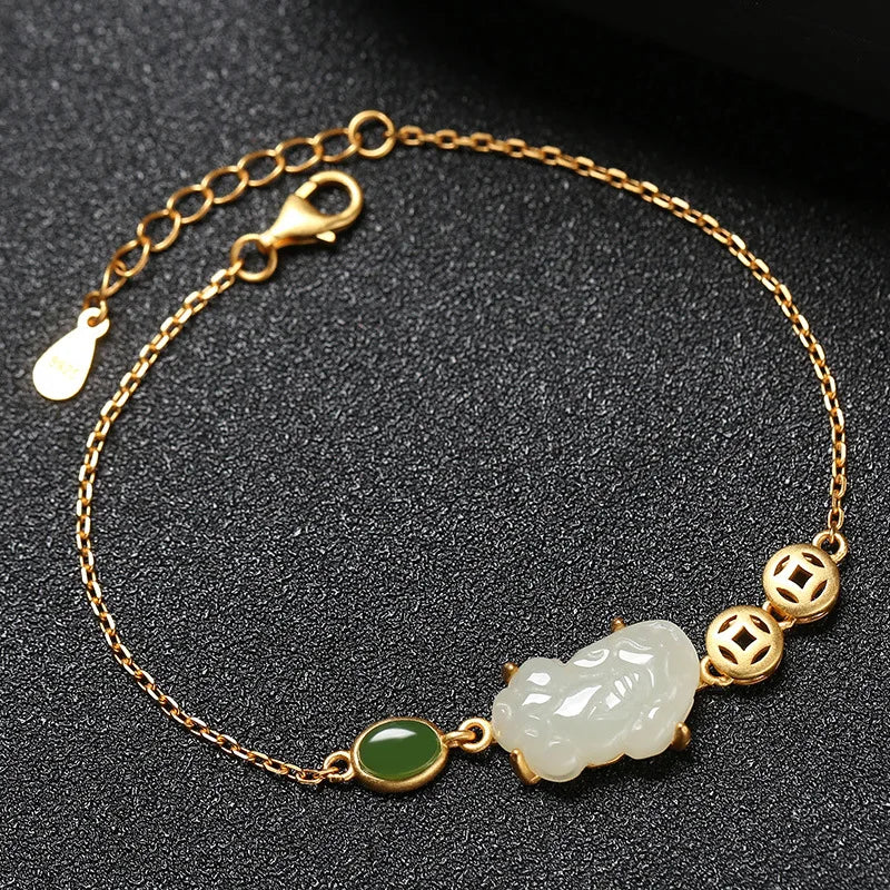 Hetian Jade Pixiu Charm Bracelet for Women Ethnic Chain Bangles Jewelry