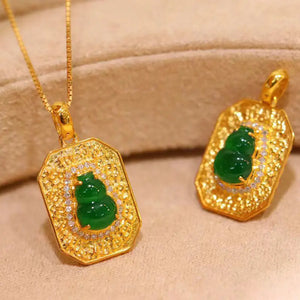 Silver Inlay Green Jade Gourd Necklace Pendant Vintage Wedding Jewelry
