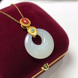 Inlaid Hetian Jade Ring Pendant Necklace - Retro Chinese Charm Jewelry