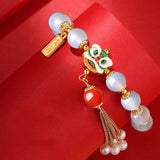 Natural Agate Beaded Bracelet with Tassel Pearl Lion Enamel Bangle