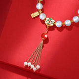 Natural Agate Beaded Bracelet with Tassel Pearl Lion Enamel Bangle