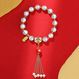 Natural Agate Beaded Bracelet with Tassel Pearl Lion Enamel Bangle