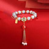 Natural Agate Beaded Bracelet with Tassel Pearl Lion Enamel Bangle