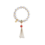 Natural Agate Beaded Bracelet with Tassel Pearl Lion Enamel Bangle